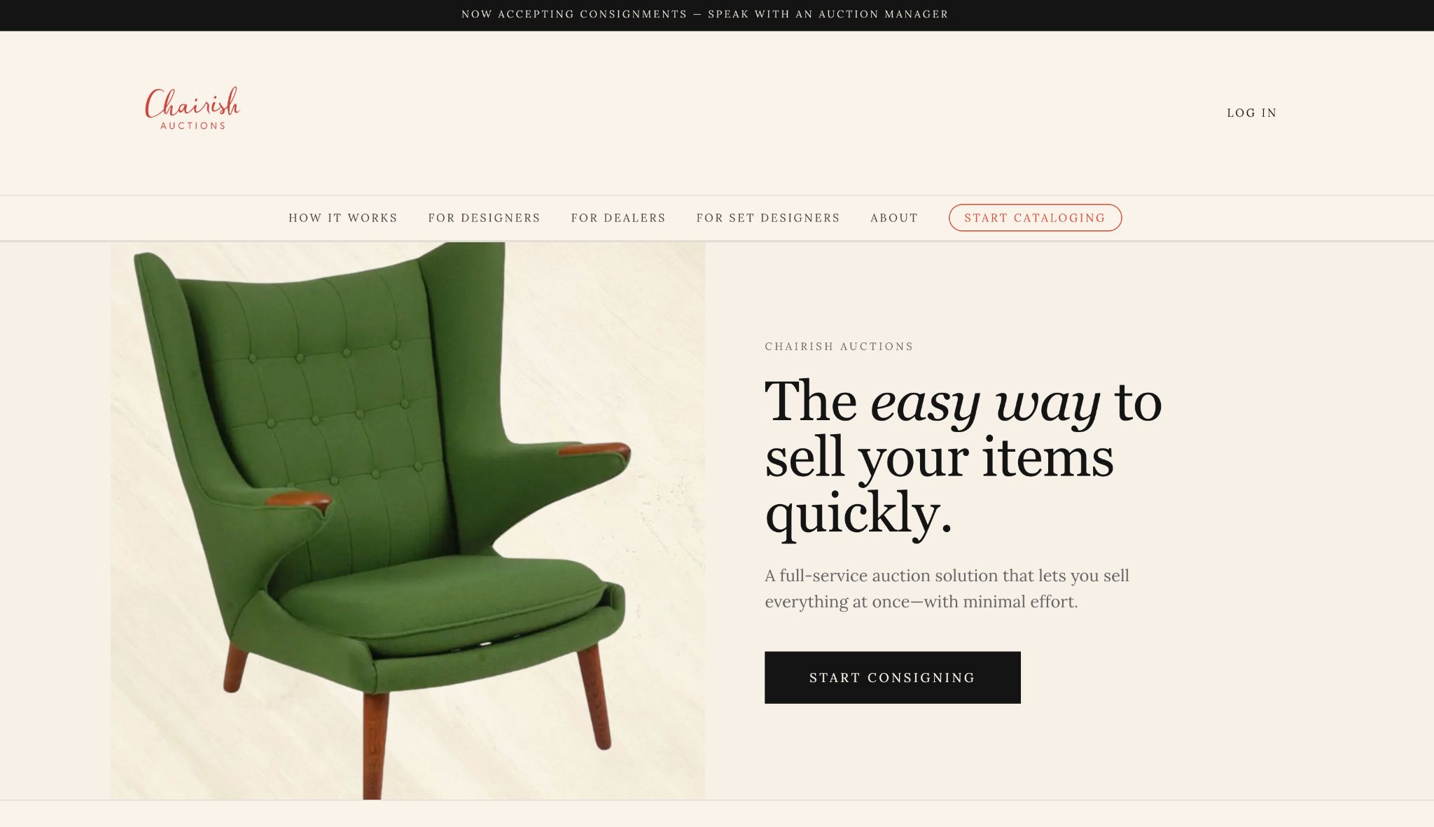 Chairish Auctions landing page with a green mid-century armchair and 'The easy way to sell your items quickly' headline