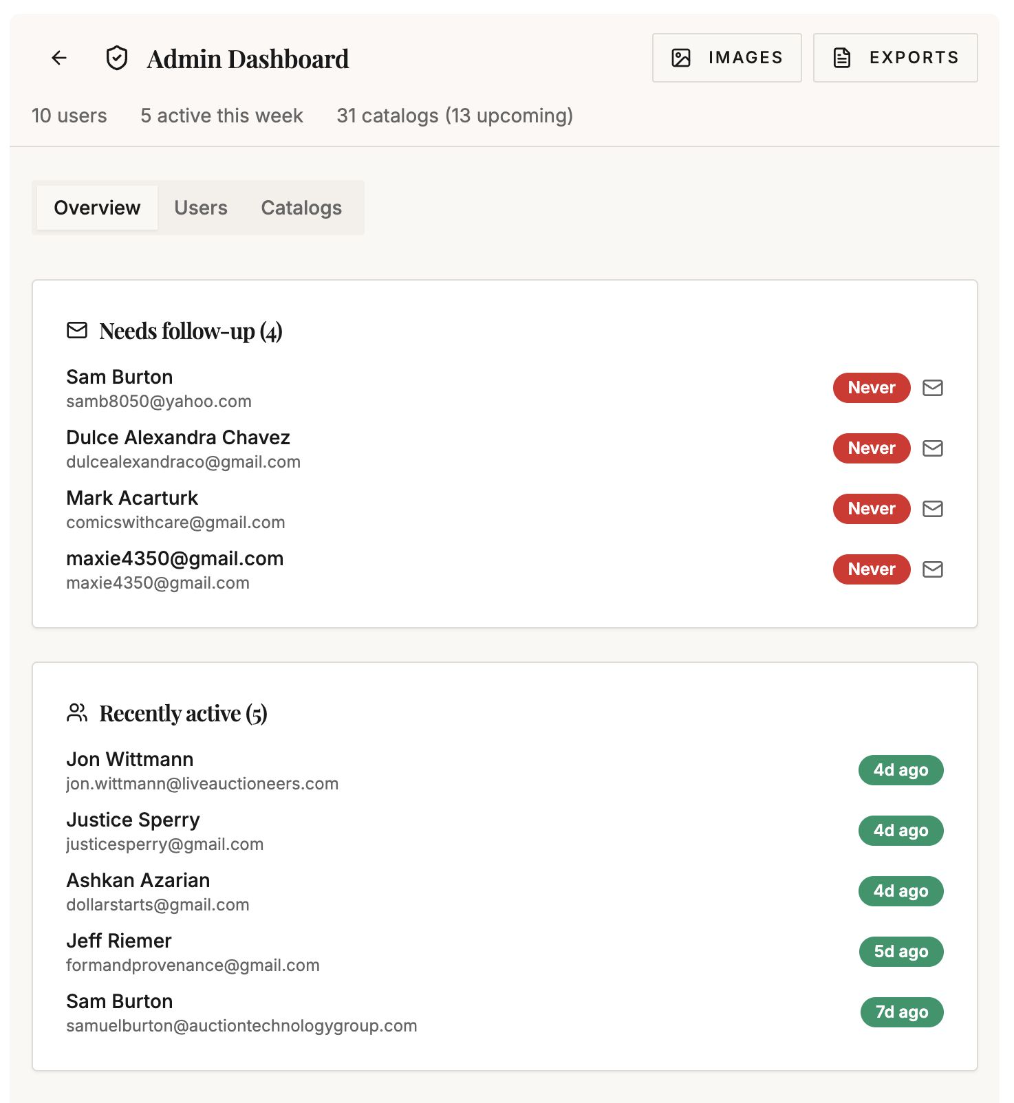 Admin dashboard with Needs follow-up and Recently active sections