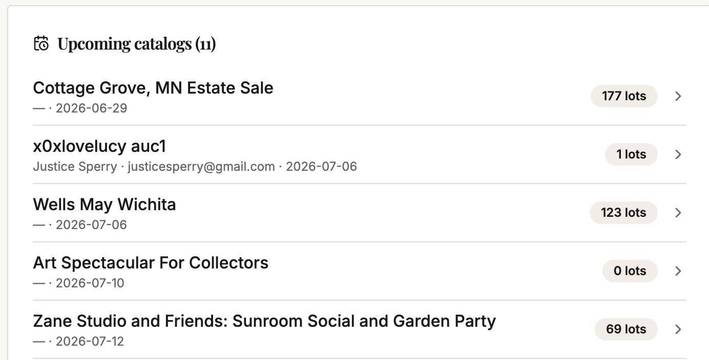 Upcoming catalogs list with dates and lot counts