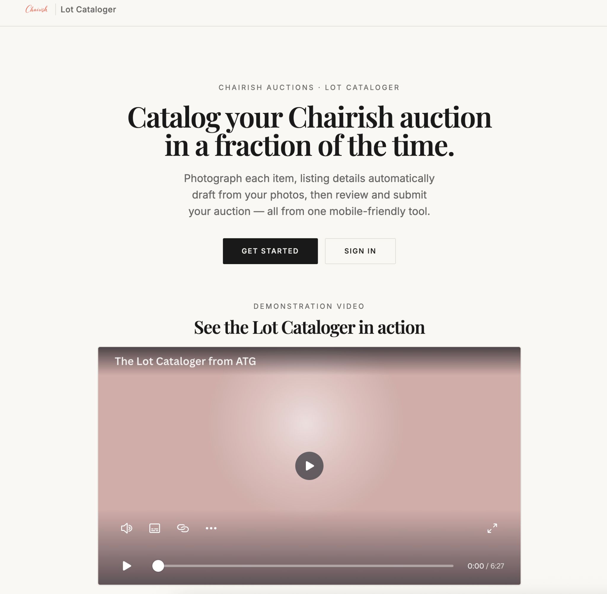 Chairish Lot Cataloger landing page with a demo video